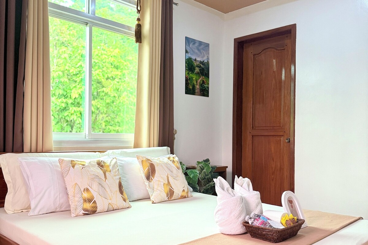 Ein Hotelzimmer mit Bett, Fenster mit Vorhängen, Tür und Deckenventilator.