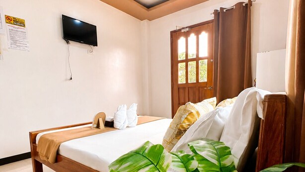 A bedroom with a bed, a ceiling fan, a television, a window with curtains, and a plant.