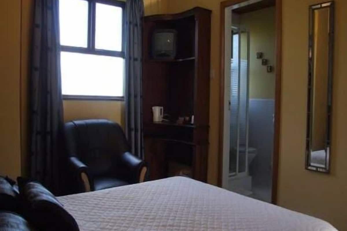 A hotel room with a bed, a chair, a television, a wardrobe, and a bathroom door.