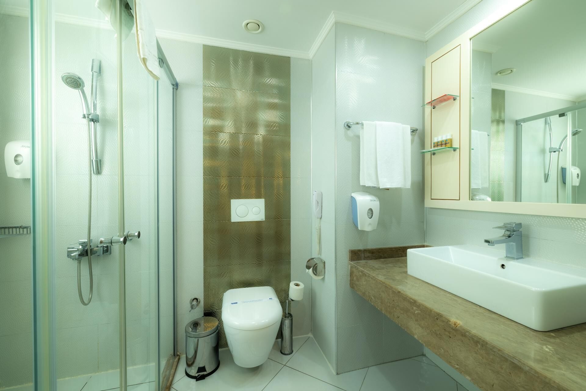 A modern bathroom with a glass shower enclosure, a toilet, a sink, and a mirror.