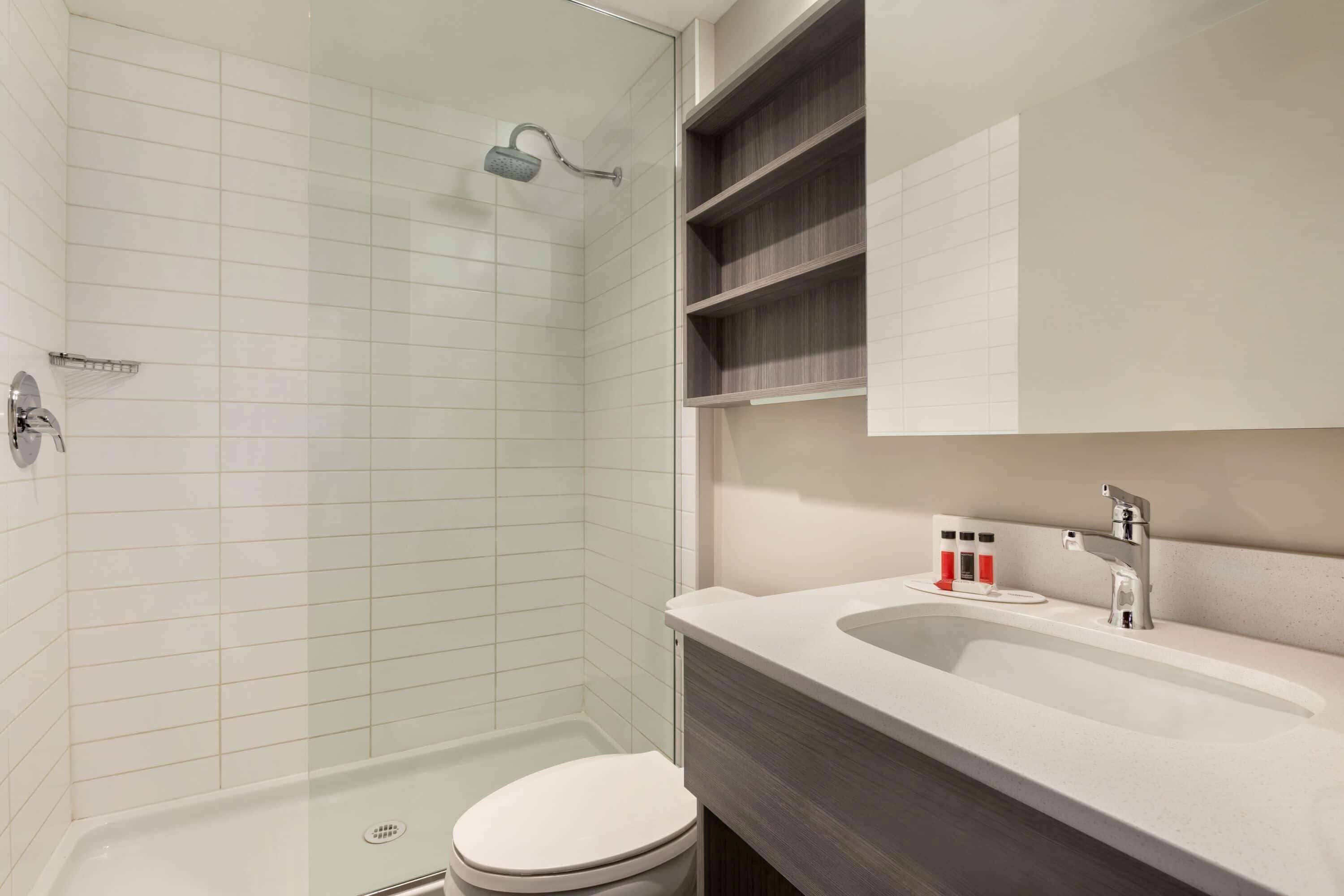 shower, rainfall showerhead, free toiletries, hair dryer