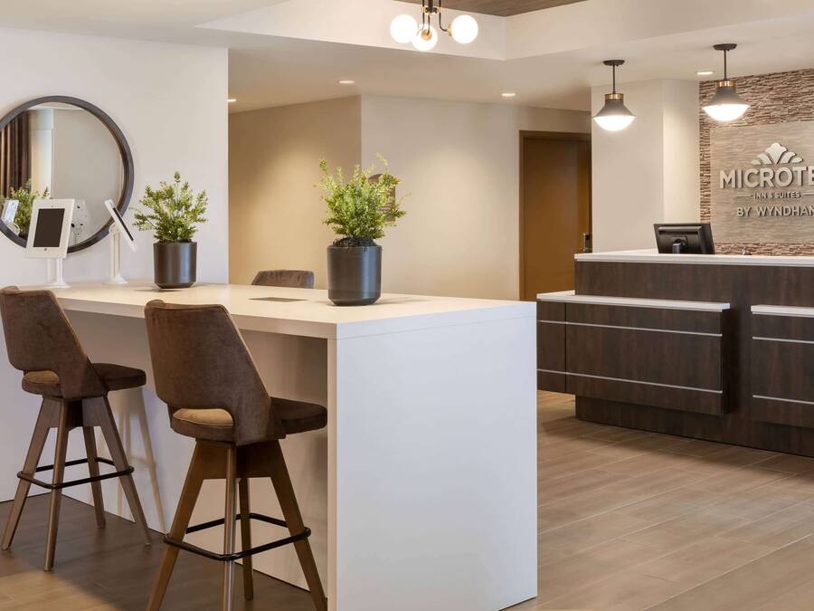 A reception area with a modern design, featuring a reception desk, two bar stools, a large mirror, and potted plants.