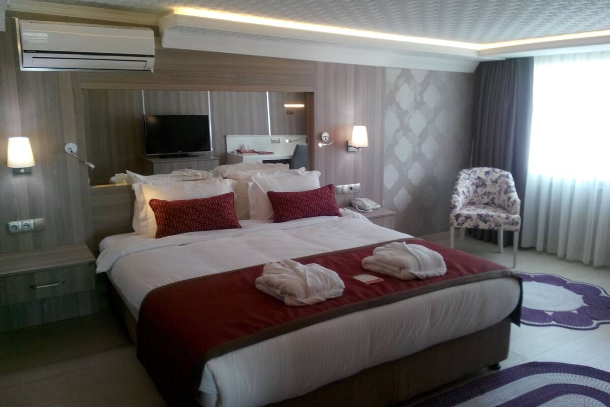 A hotel room with a large bed, a television, a desk, and a chair.