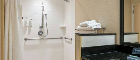 A bathroom with a shower, a toilet, a sink, and a mirror.