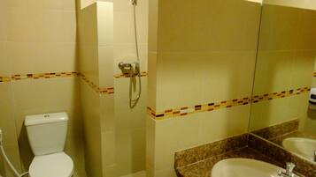 Un baño con inodoro, ducha y lavamanos.