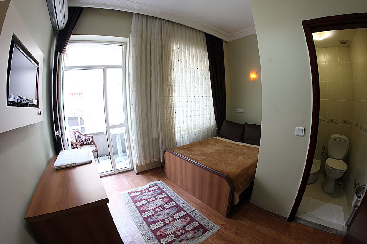 A hotel room with a bed, a desk, a TV, a bathroom with a toilet and shower, and a view of the outside.