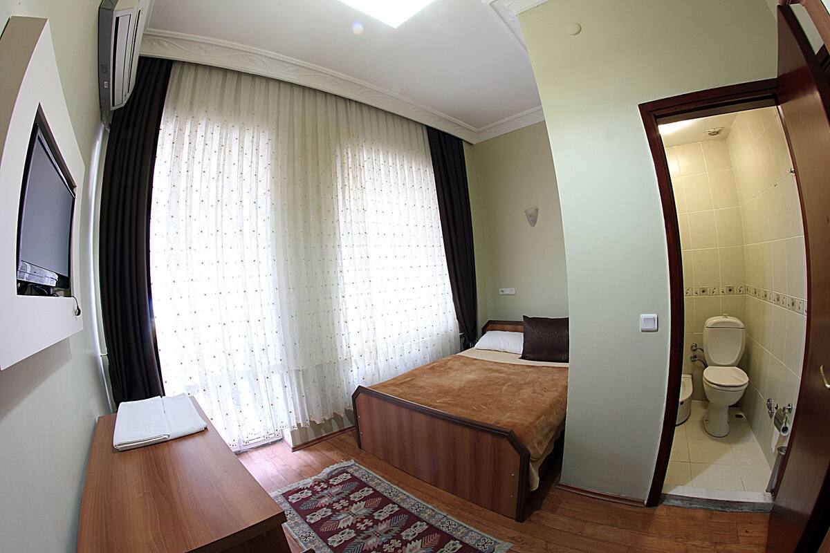 A hotel room with a bed, a desk, a TV, a bathroom with a toilet and shower.
