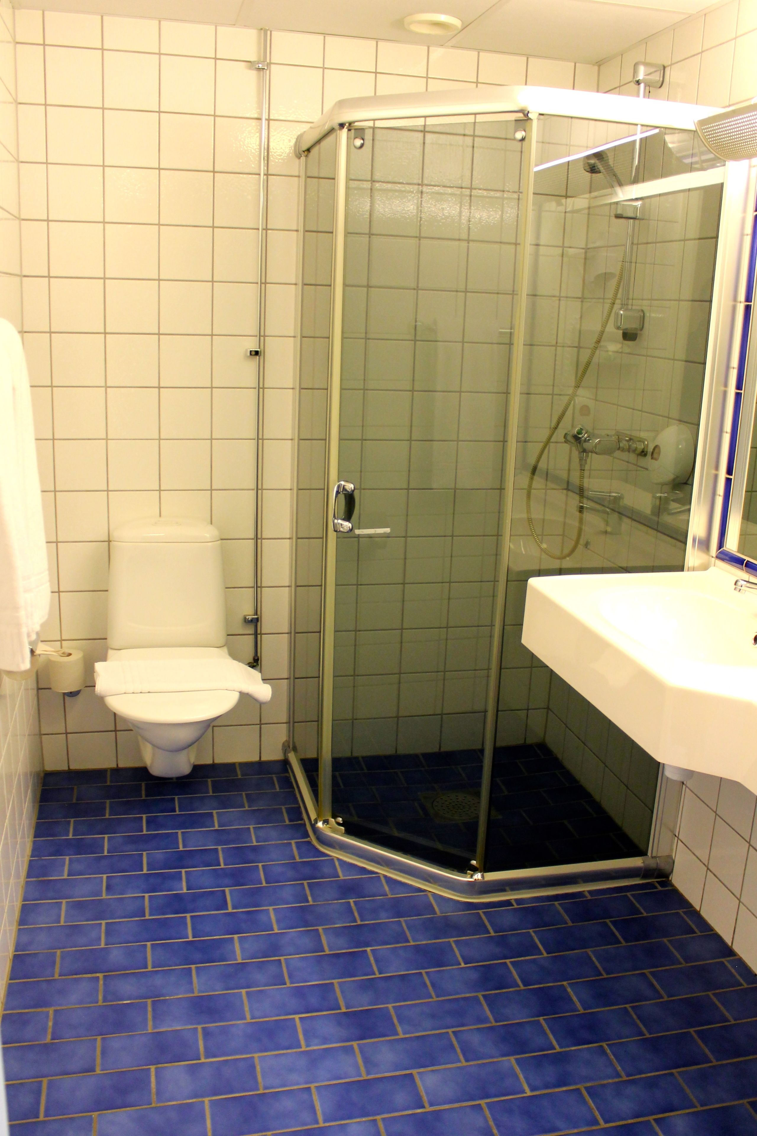 A bathroom with a glass-enclosed shower, a white toilet, and a sink with a mirror.