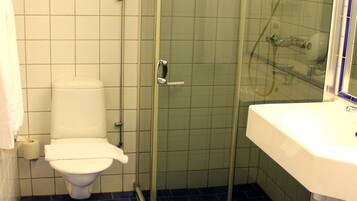 A bathroom with a glass-enclosed shower, a white toilet, and a sink with a mirror.