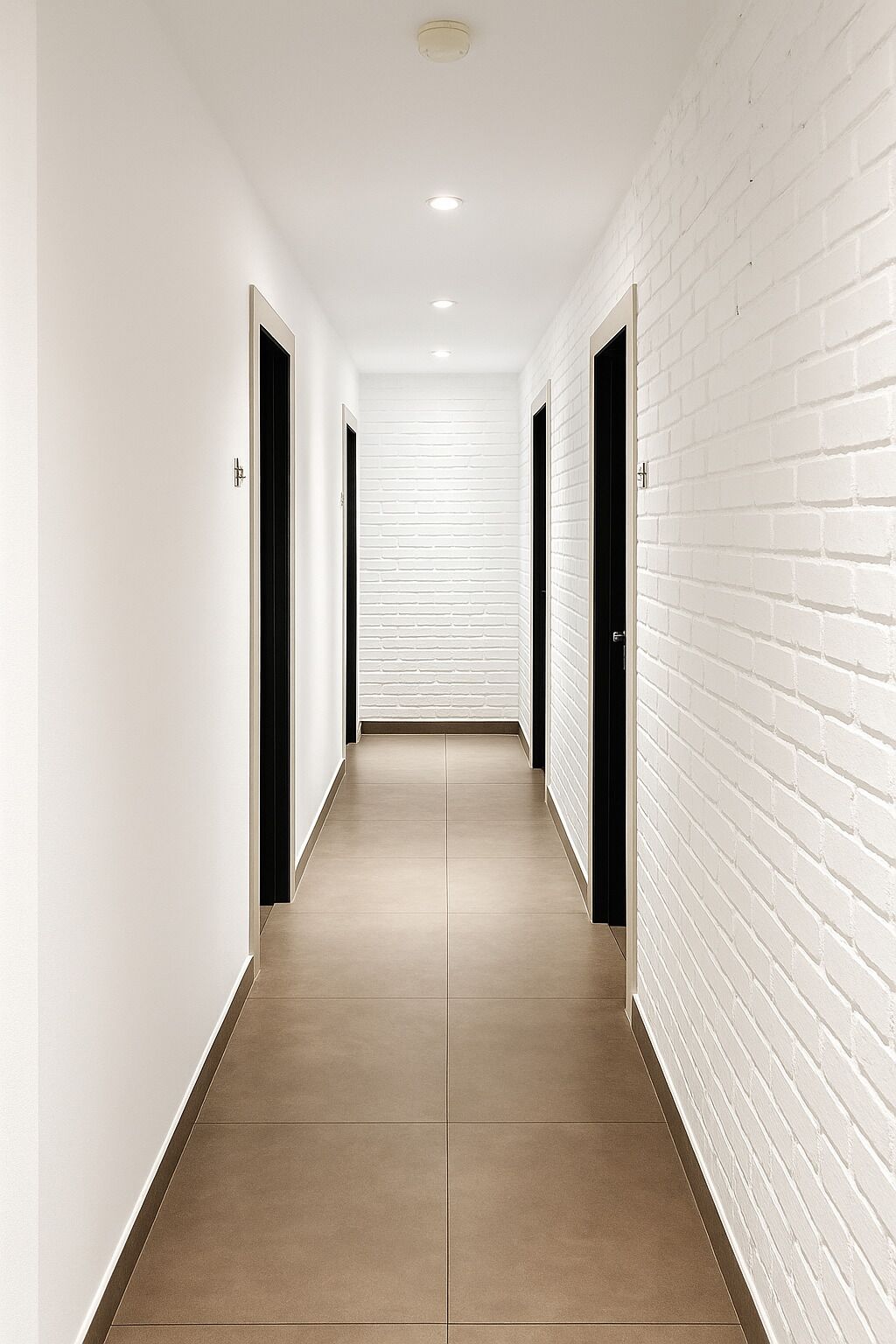 A corridor with white brick walls, black doors, and a tiled floor.