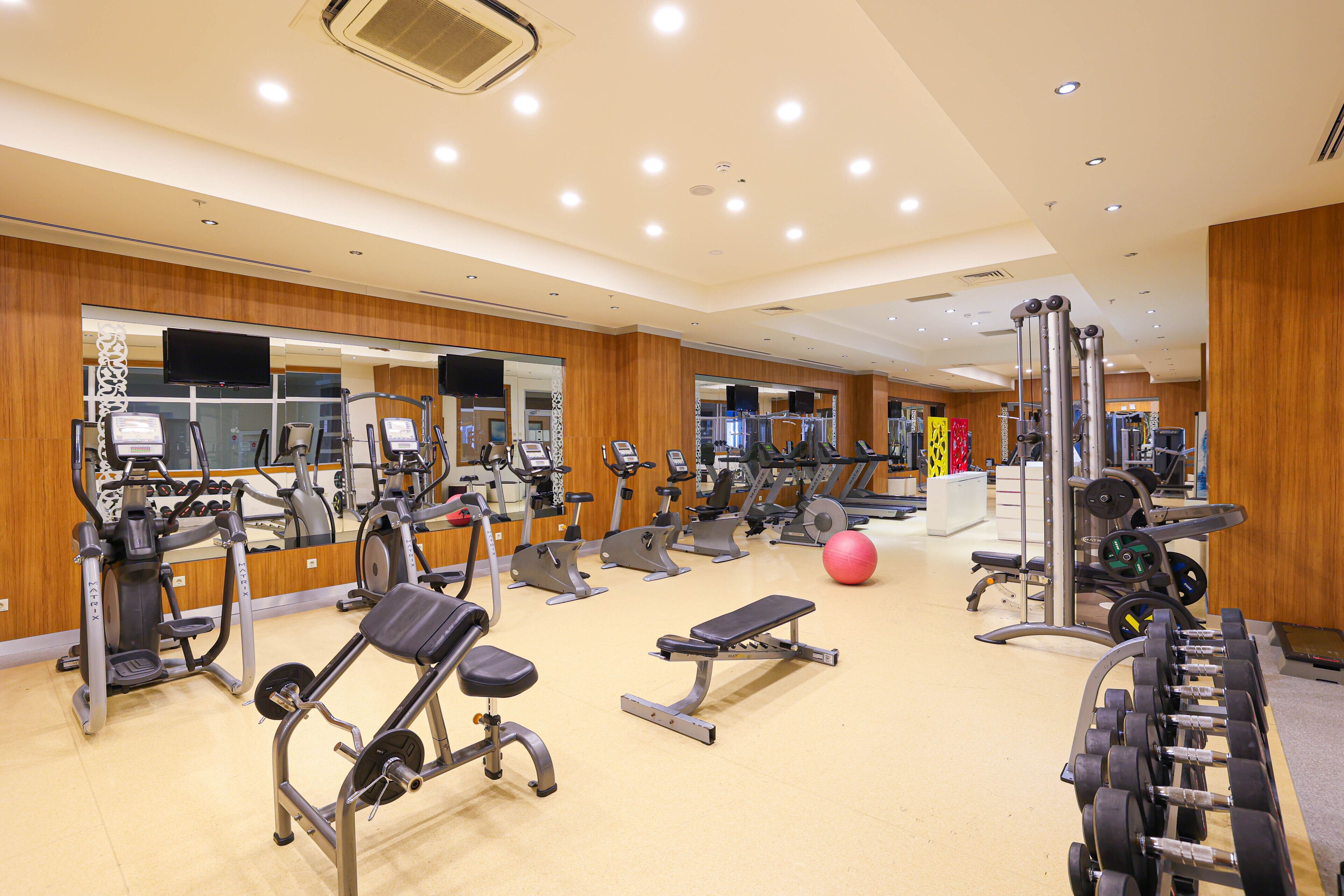 Un gimnasio con diversos equipos de ejercicio, incluyendo cintas de correr, bicicletas estáticas y máquinas de pesas.
