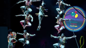 A circus performance with acrobats in colorful costumes.