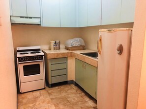 Fridge, stovetop, cookware/dishes/utensils