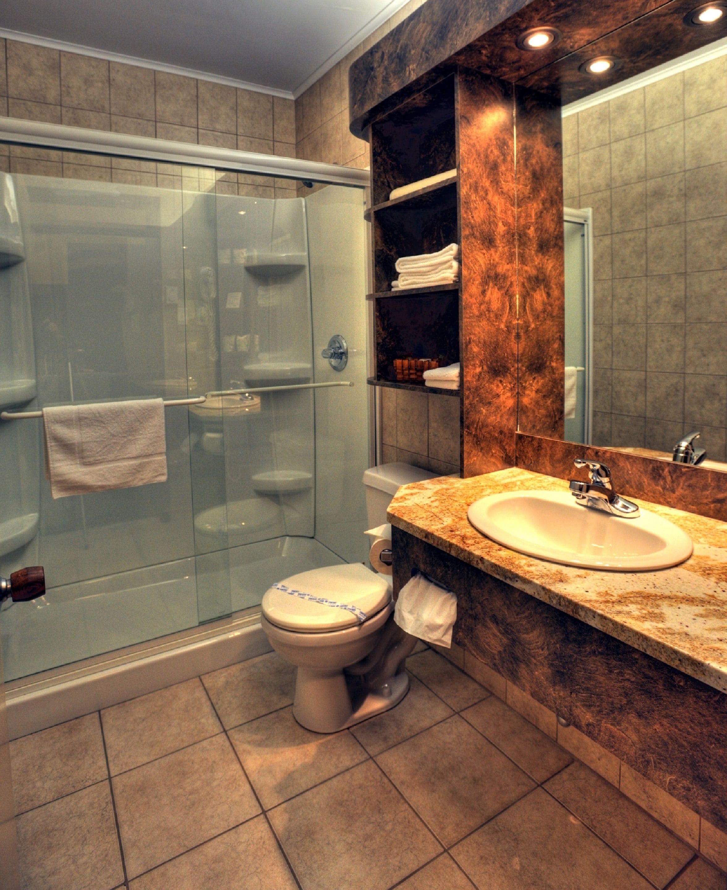 shower, designer toiletries, hair dryer, towels