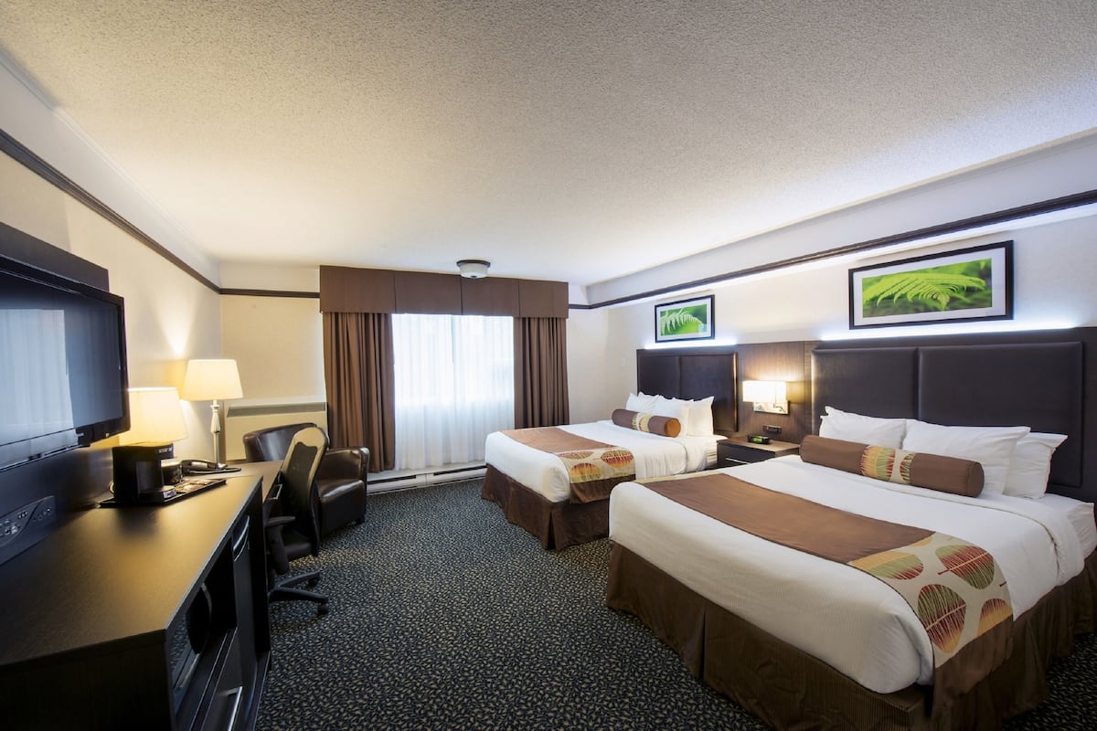 A hotel room with two beds, a desk with a TV, a chair, and a window with curtains.