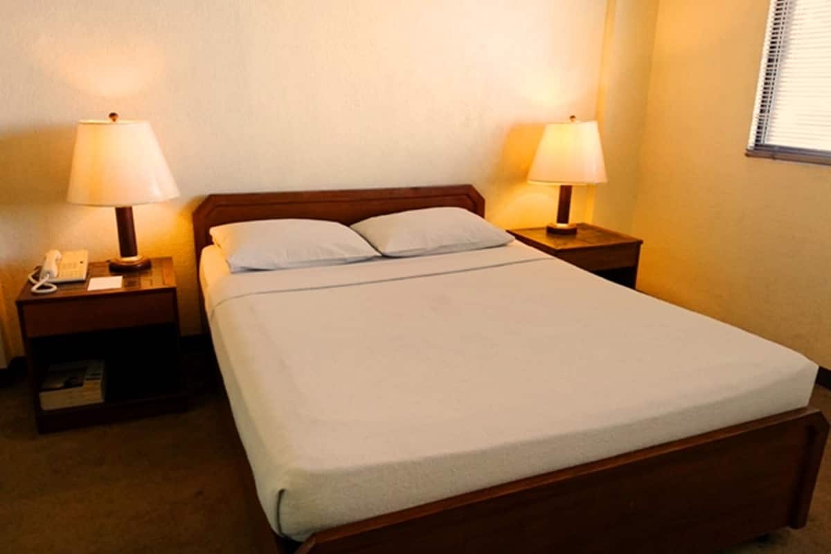 A standard hotel room with a single bed, two bedside tables, and two lamps.