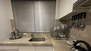 Una cocina moderna con un hervidor de acero inoxidable, un lavamanos y un escurreplatos.