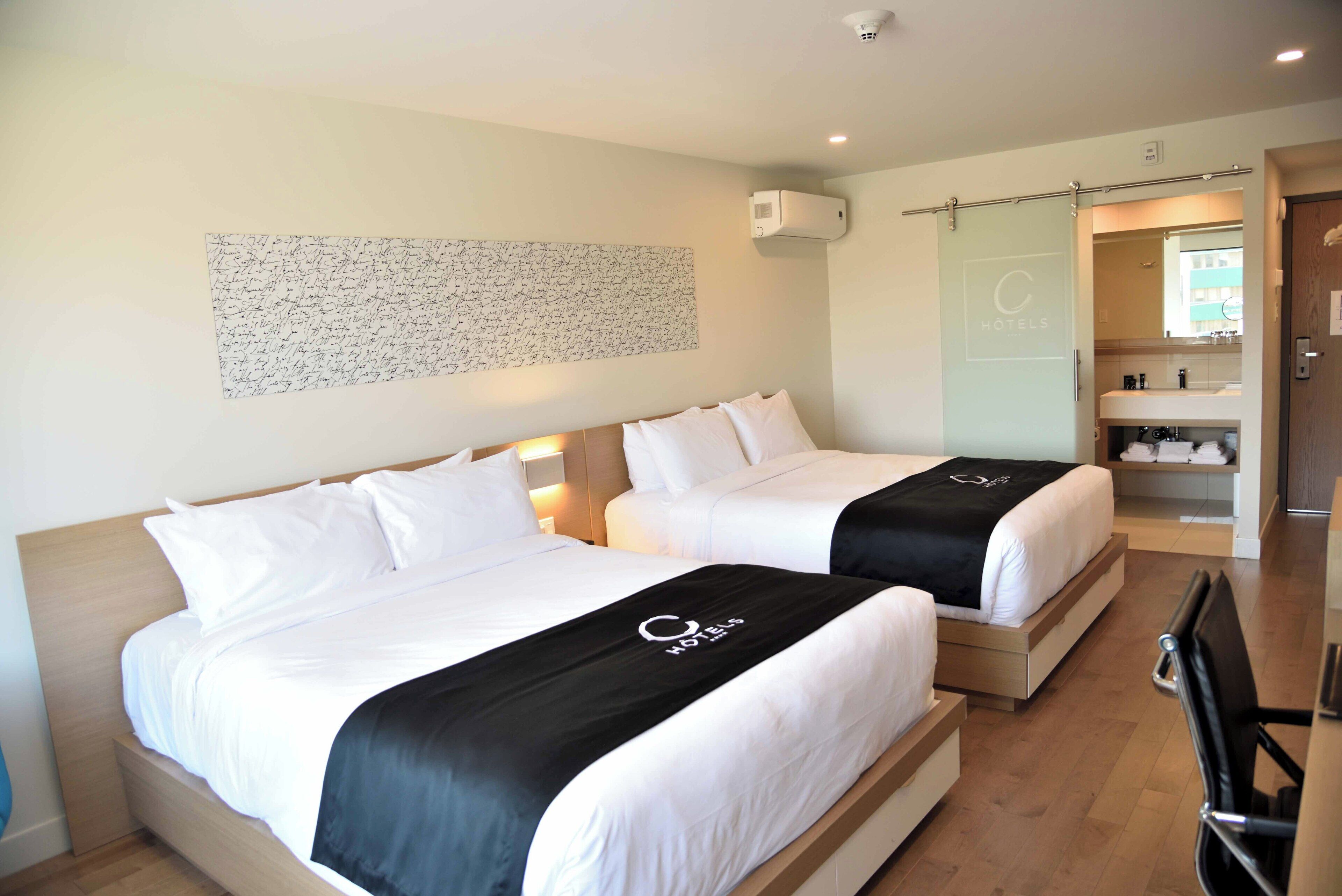 Premium bedding, desk, blackout drapes, soundproofing