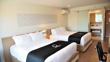 Premium bedding, desk, blackout drapes, soundproofing