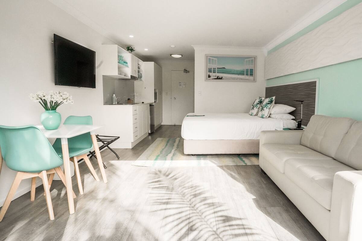 Habitació compacta amb llit, sofà, zona de menjador amb taula i cadires, cuina i un quadre a la paret.