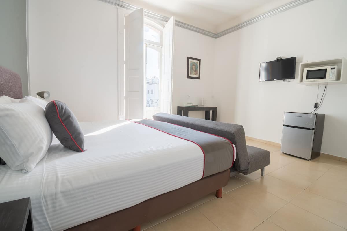 A hotel room with a bed, a grey sofa, a television, a microwave, and a refrigerator.
