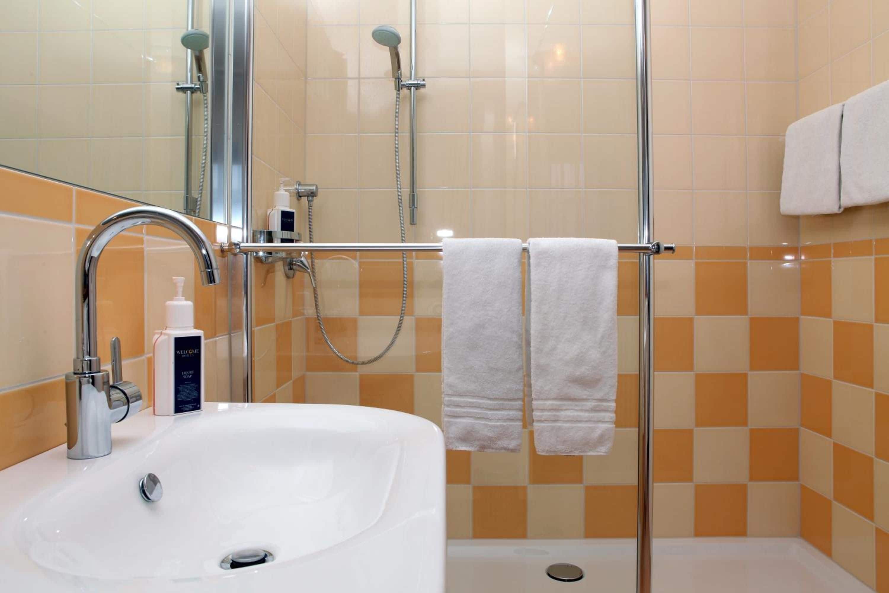 Un bagno con un lavandino bianco, un box doccia in vetro e un portascopevoli con due asciugamani.