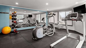 Een moderne sportschool met cardioapparatuur, een spiegelwand en een grote fitnessbal.