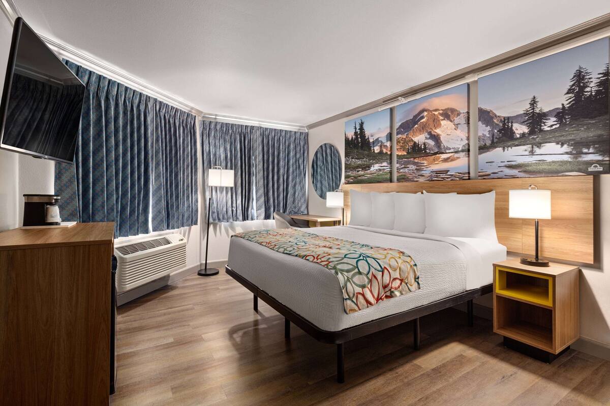 Habitación de hotel con cama, escritorio, silla, televisor, ventana con cortinas y un cuadro de un paisaje montañoso.
