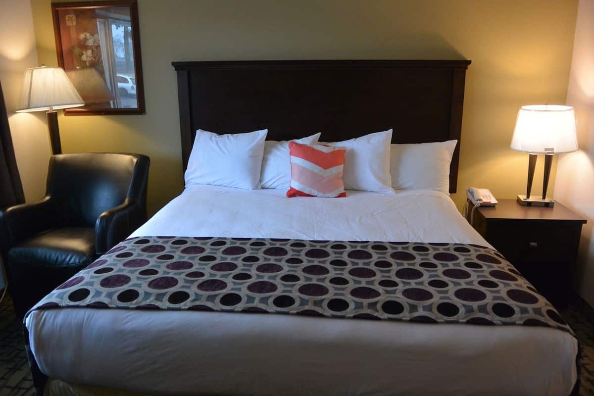 Una habitación de hotel con una cama grande, una silla, una mesita de noche con una lámpara y un cuadro en la pared.