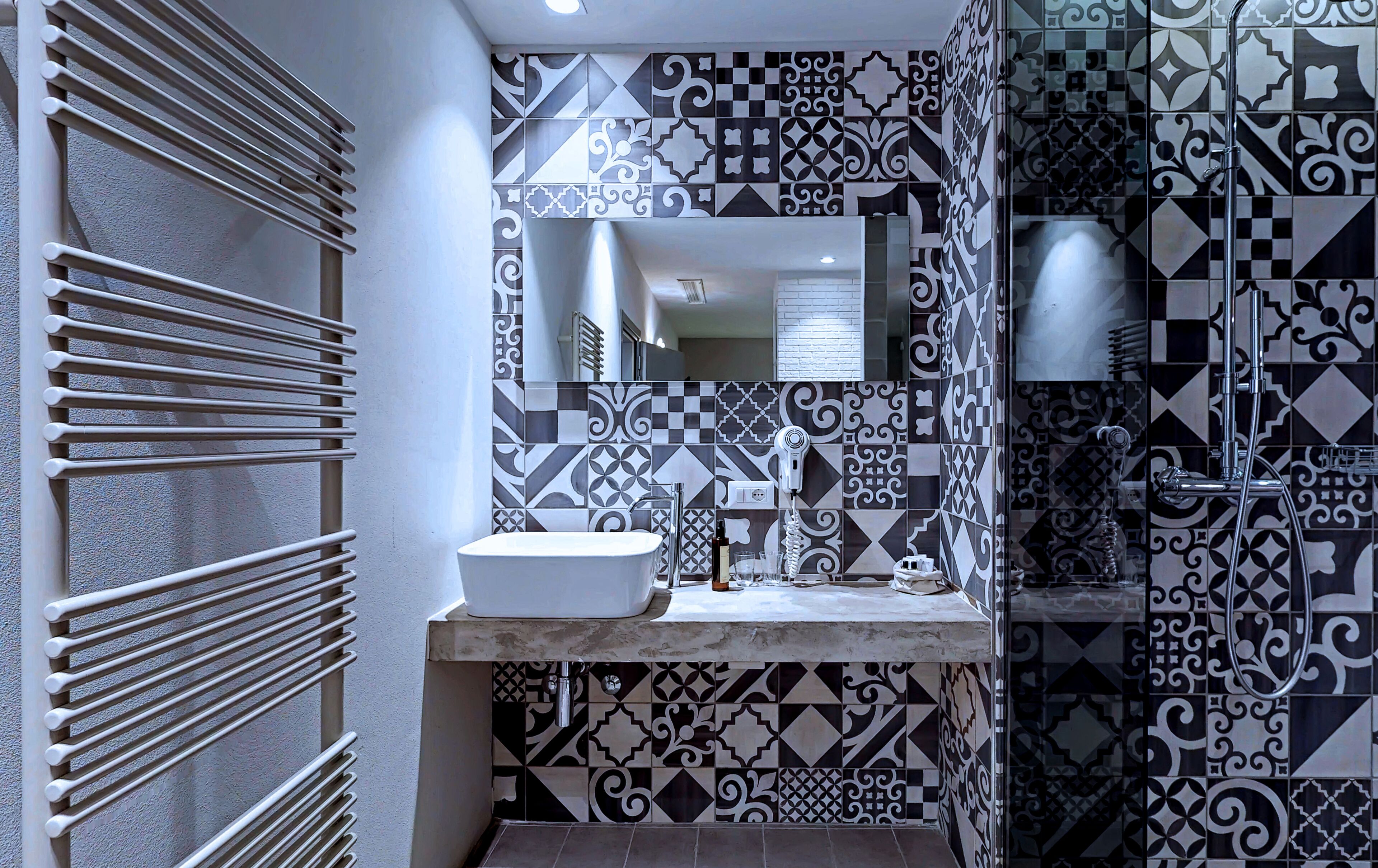 shower, rainfall showerhead, designer toiletries, hair dryer