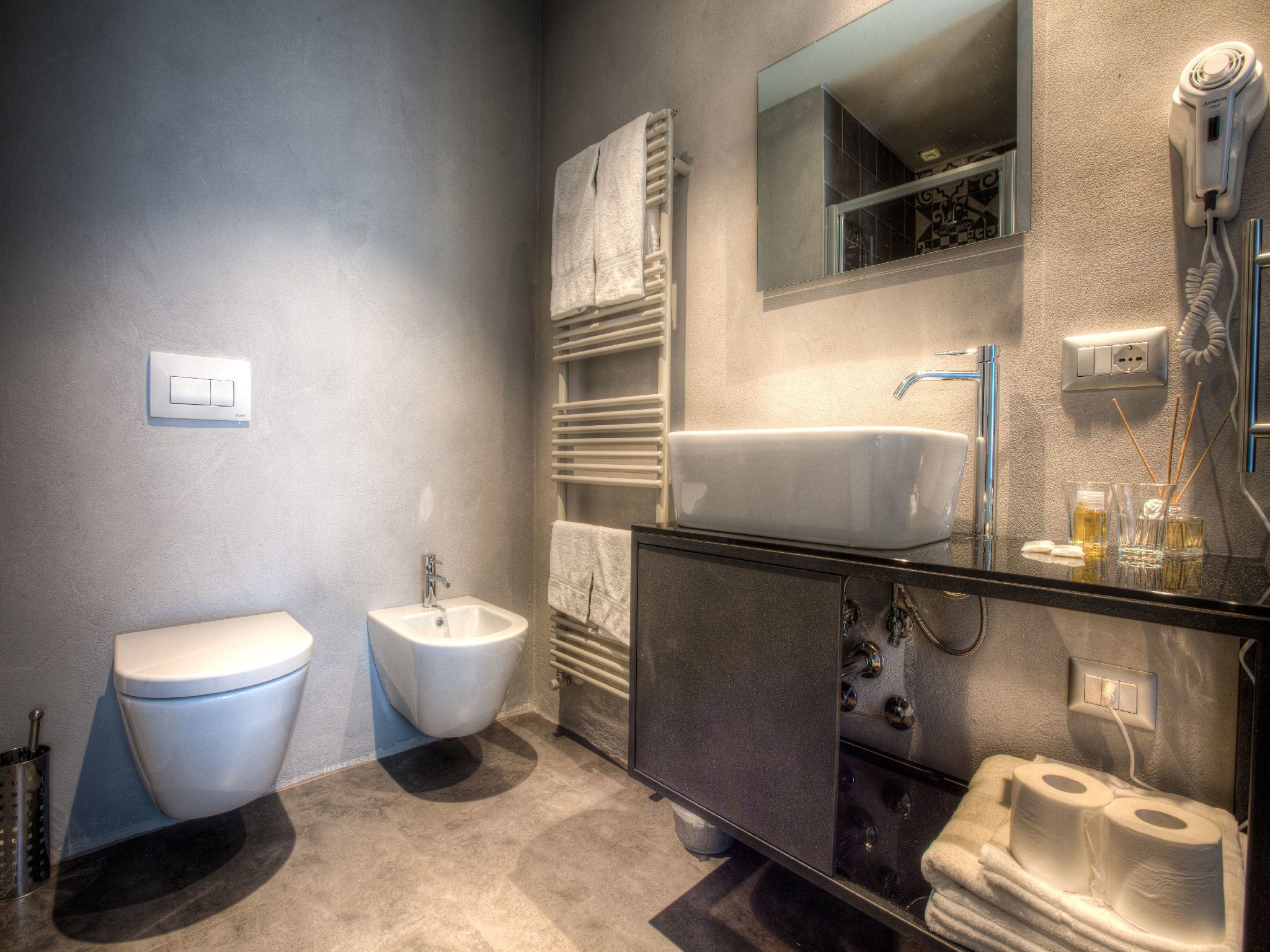 shower, rainfall showerhead, designer toiletries, hair dryer