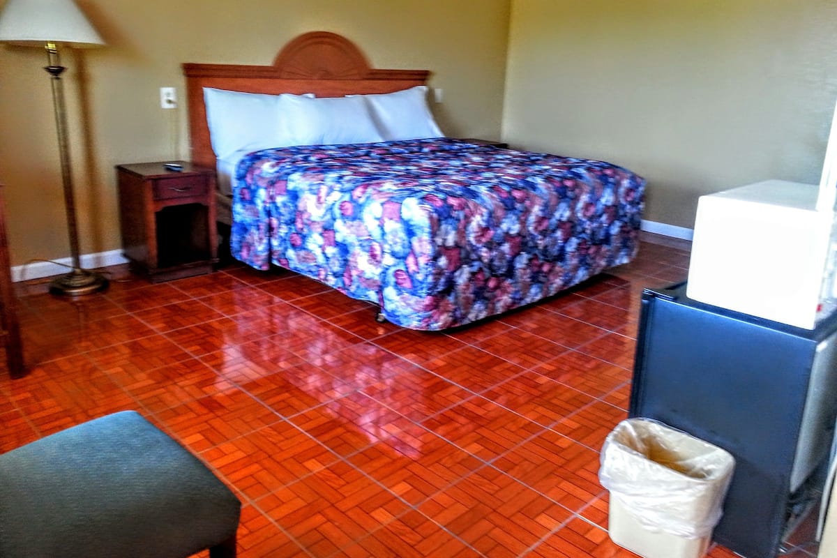 A hotel room with a bed, a nightstand, a lamp, a chair, and a trash bin.