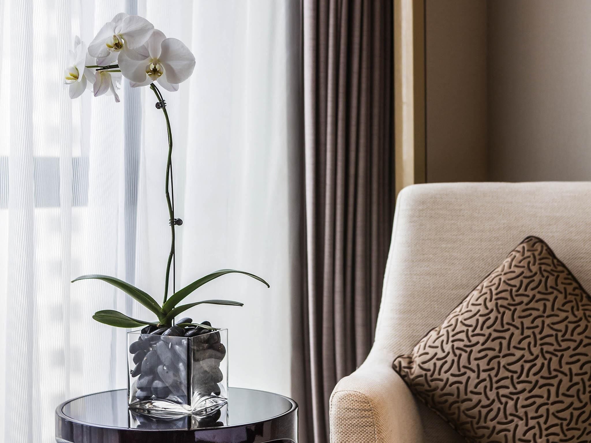 A room with a glass vase containing a plant and a white orchid, a round side table, a beige armchair with a patterned pillow, and a window with curtains.