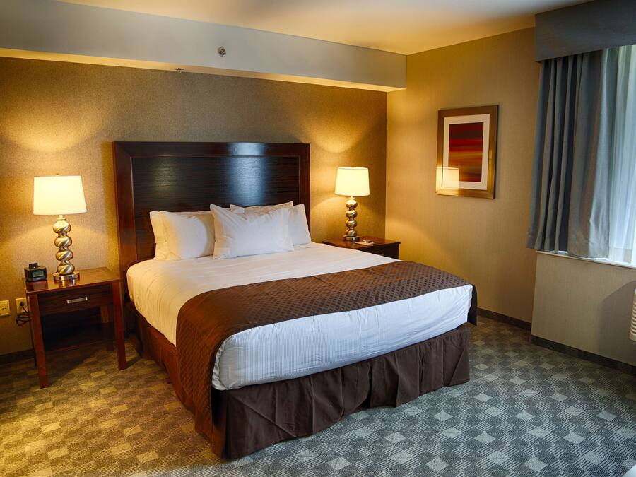 Une chambre d’hôtel avec un grand lit, deux tables de chevet avec des lampes, une fenêtre avec des rideaux et un climatiseur fixé au mur.