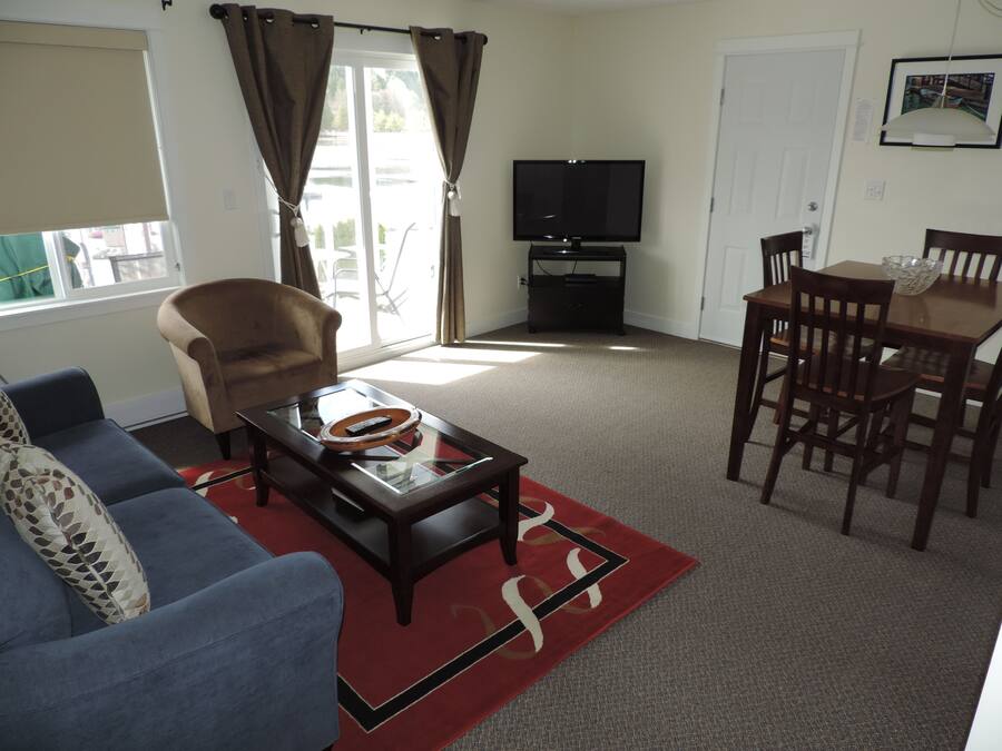 A living room with a sofa, armchair, coffee table, TV, and dining area with chairs and a table.