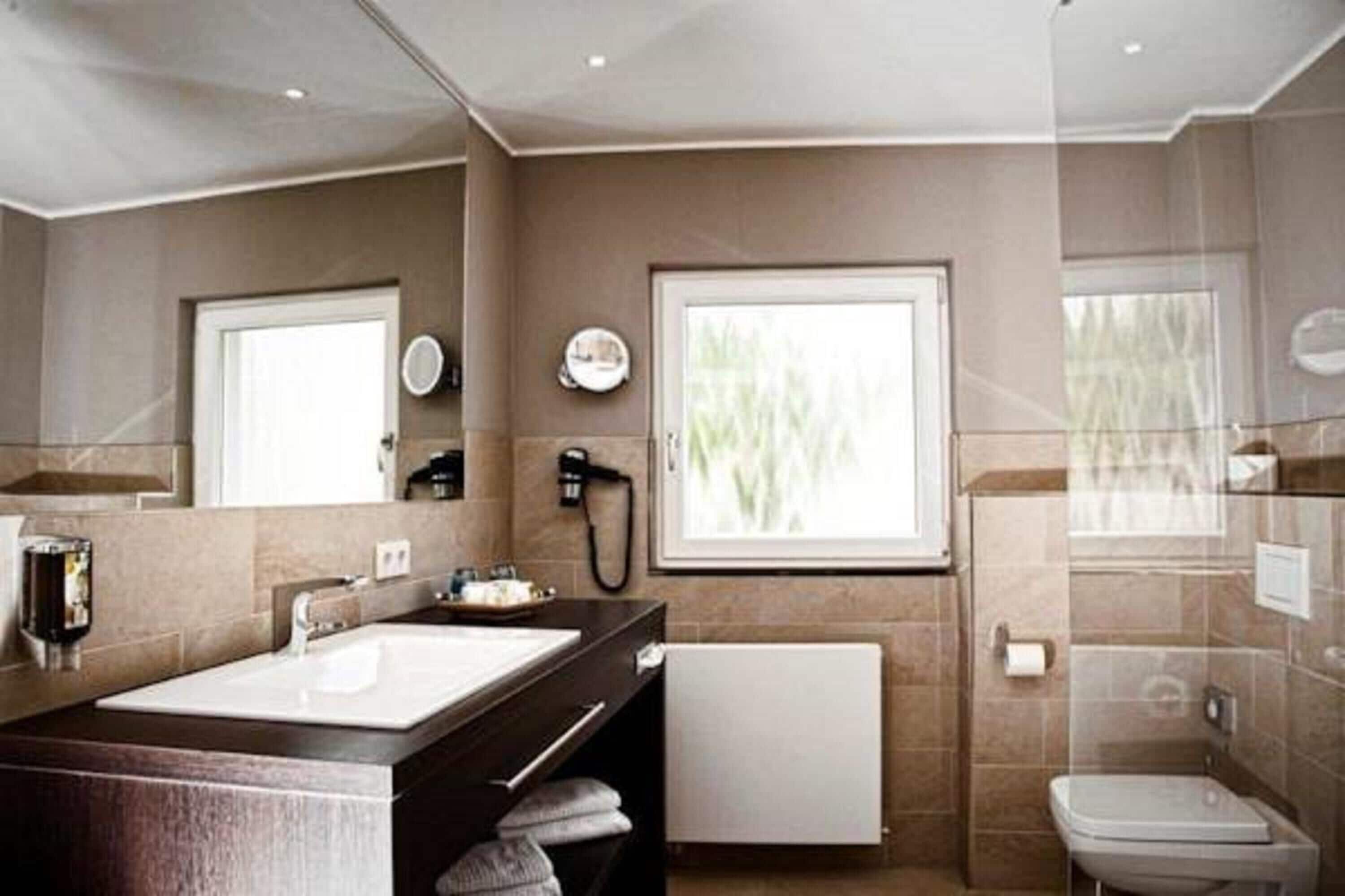 shower, rainfall showerhead, hair dryer, bathrobes