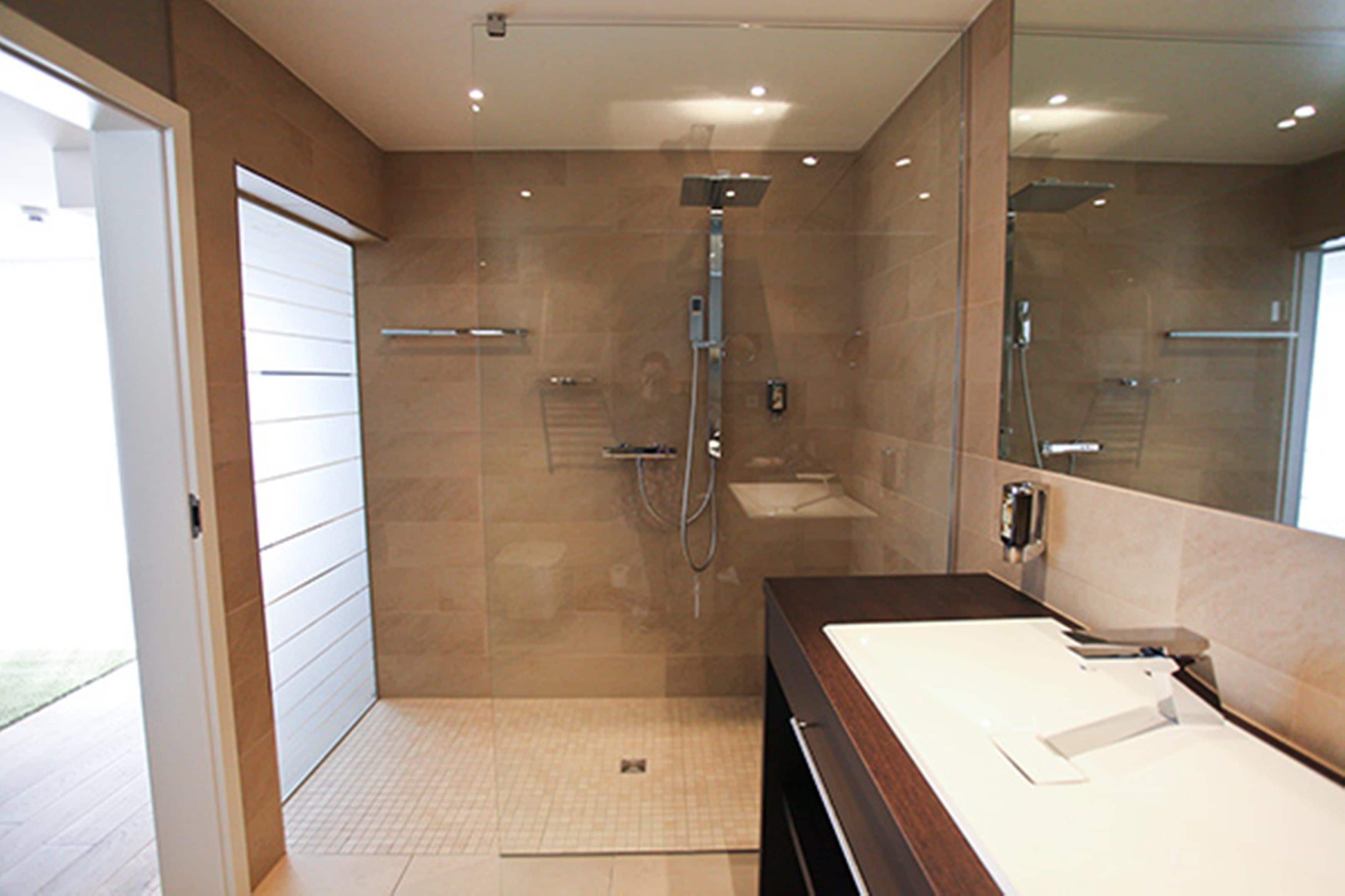 shower, rainfall showerhead, hair dryer, bathrobes