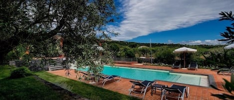Piscine extérieure en saison, chaises longues