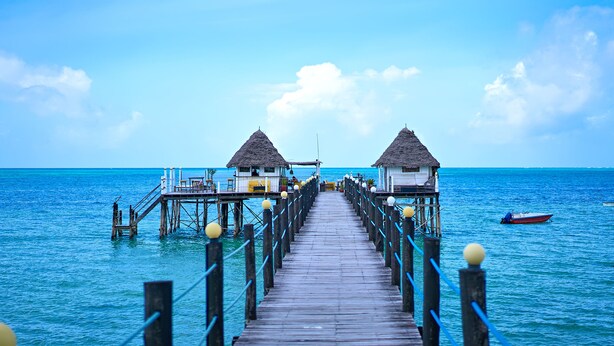 A wooden pier leading to overwater bungalows with thatched roofs, connected by a walkway with railings and spherical posts.