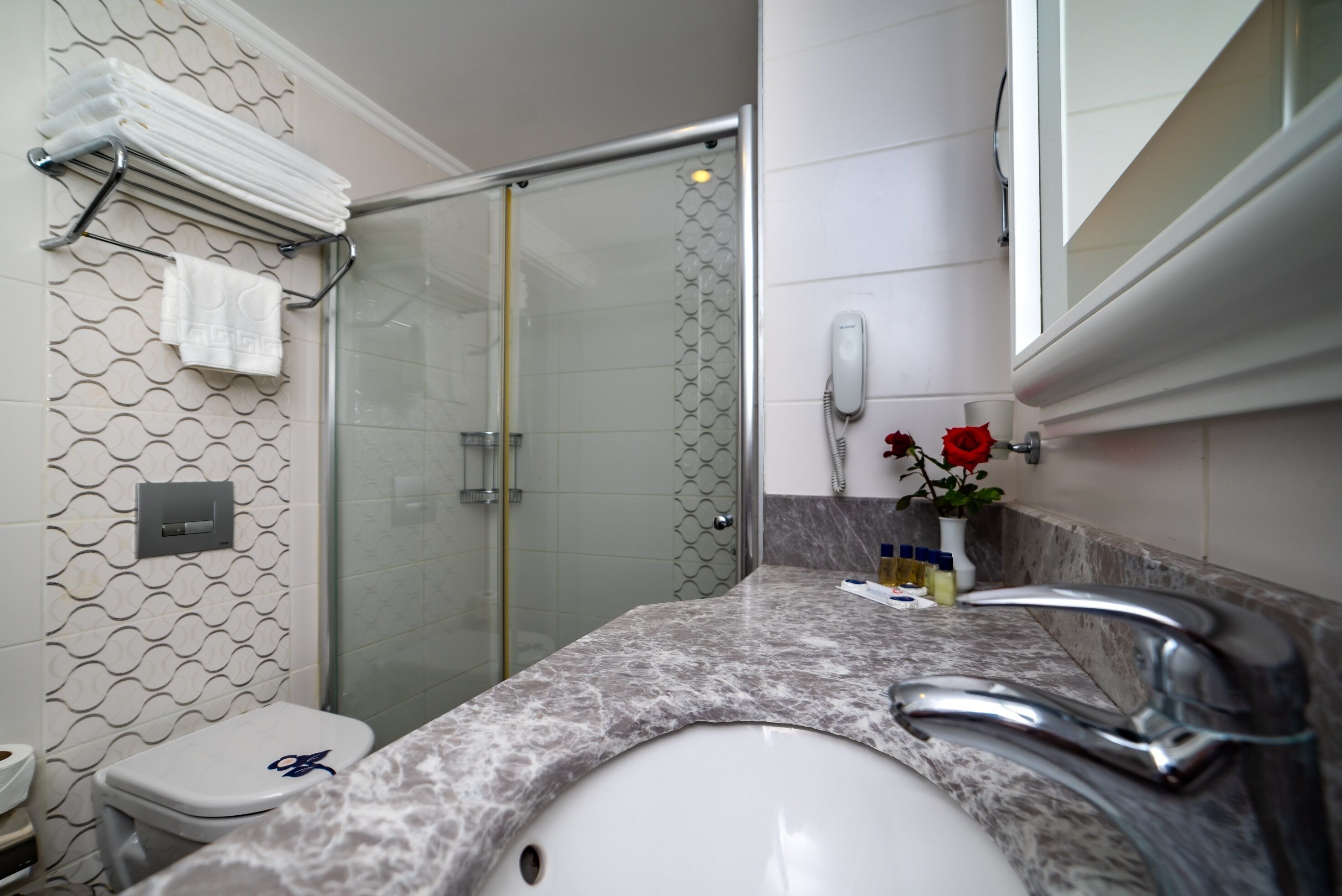 A bathroom with a glass shower door, a white toilet, a marble sink, and a vanity mirror.