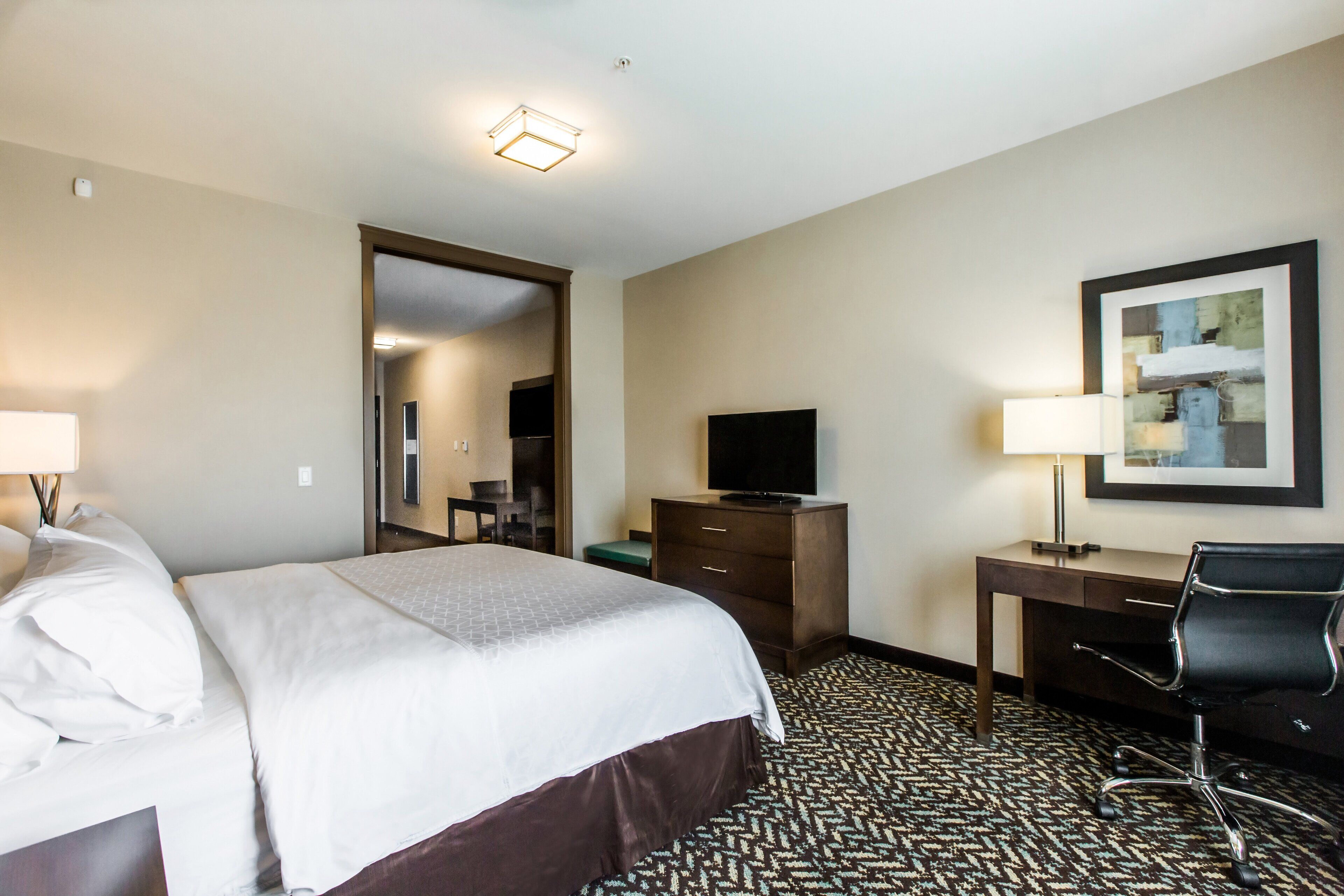 A hotel room with a bed, a desk with a chair, a television, and a framed picture on the wall.