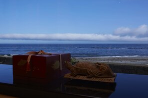 Une vue sur l’océan, avec une plage et une statue au premier plan.