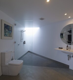 Un baño moderno con inodoro, ducha y lavamanos.