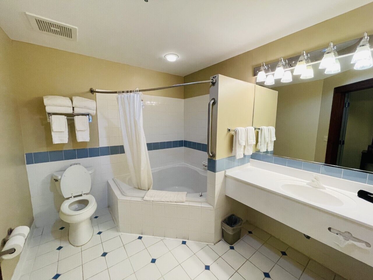 combined shower/bathtub, free toiletries, hair dryer, towels