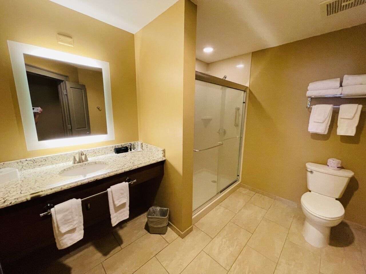 combined shower/bathtub, free toiletries, hair dryer, towels