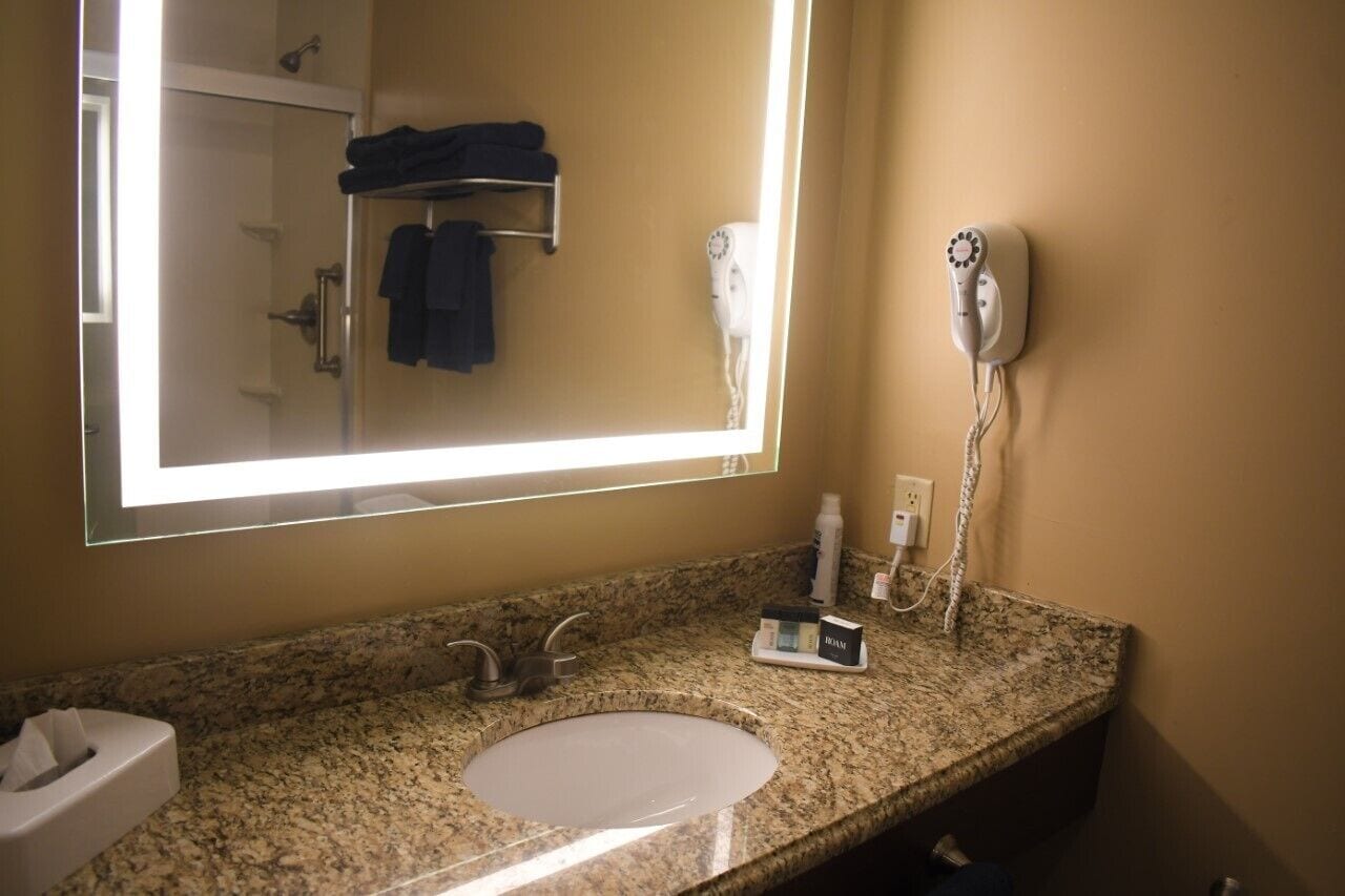 combined shower/bathtub, free toiletries, hair dryer, towels