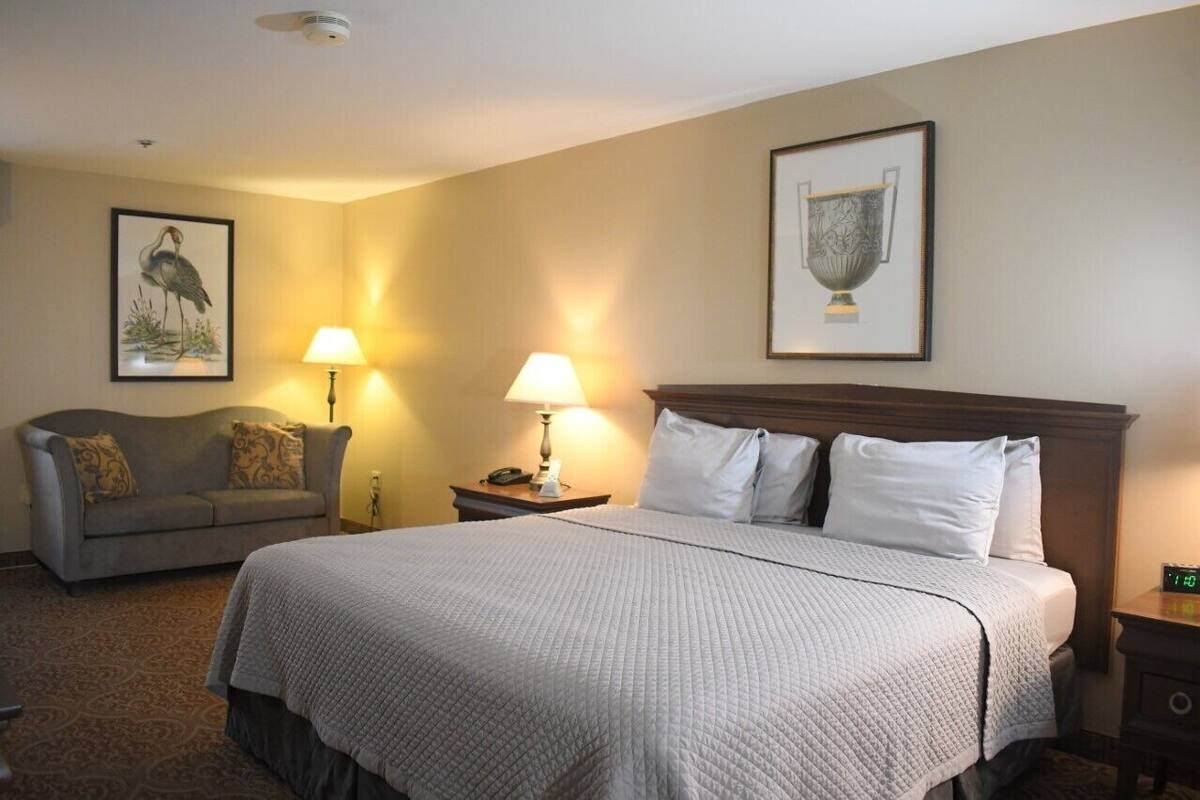 A hotel room with a bed, two bedside lamps, a sofa, and two framed pictures on the walls.