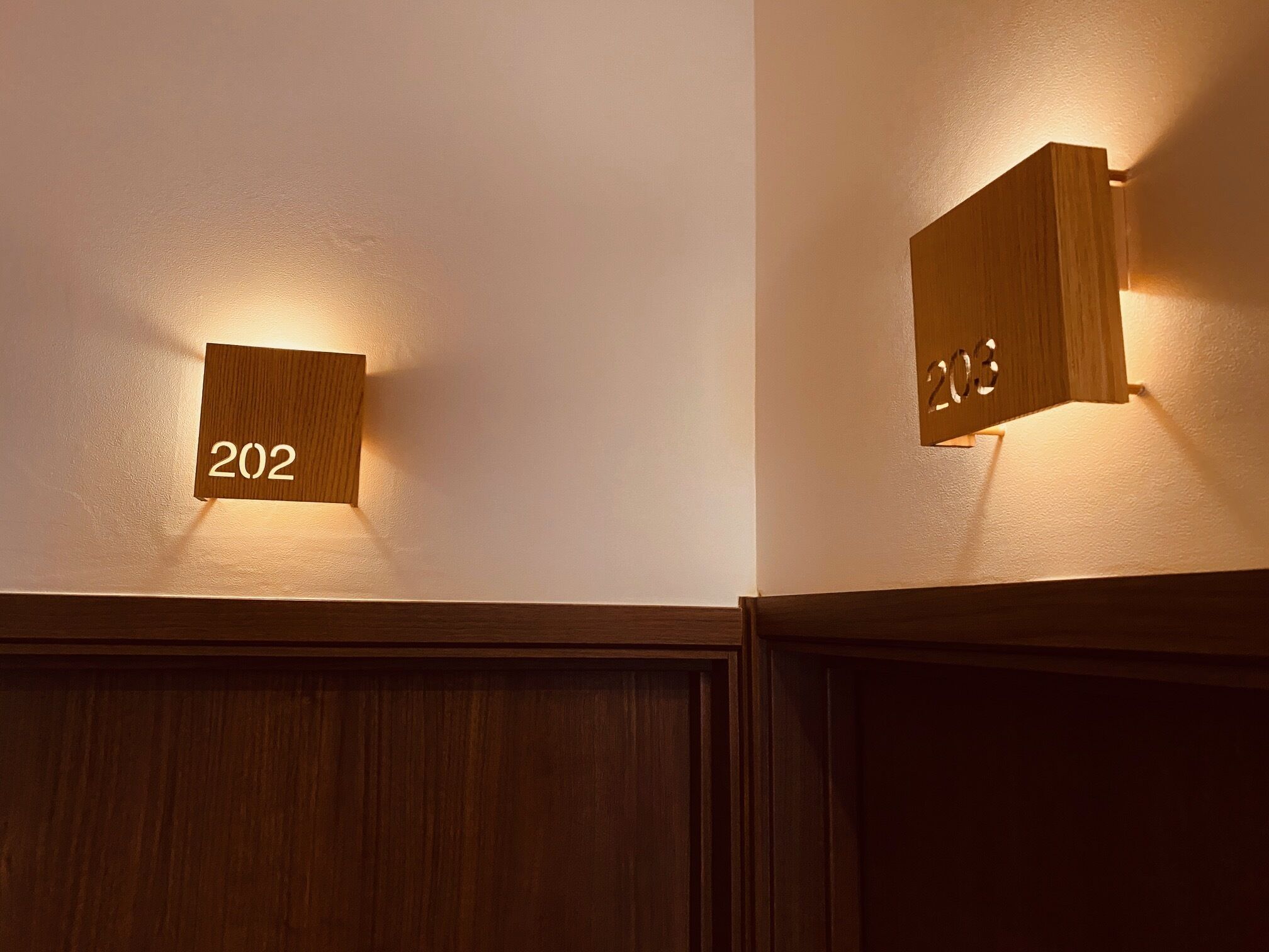 Dos placas de madera fijadas a la pared, con los números '202' y '203', indicando los números de habitación.