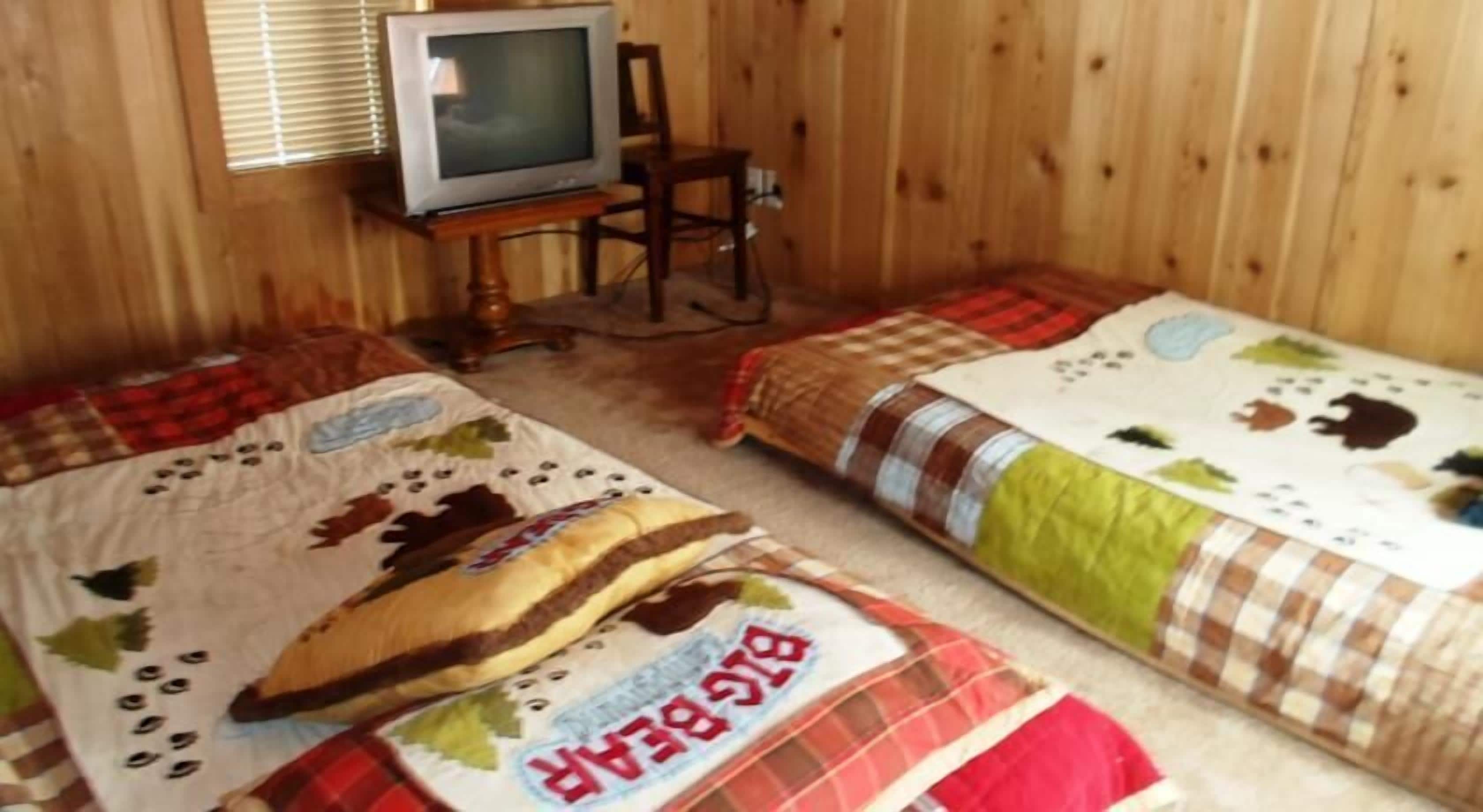 Quarto com duas camas, cada uma com um padrão de colcha diferente, uma televisão sobre um suporte de madeira e uma janela com persianas.