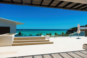 Outdoor pool, pool umbrellas, pool loungers